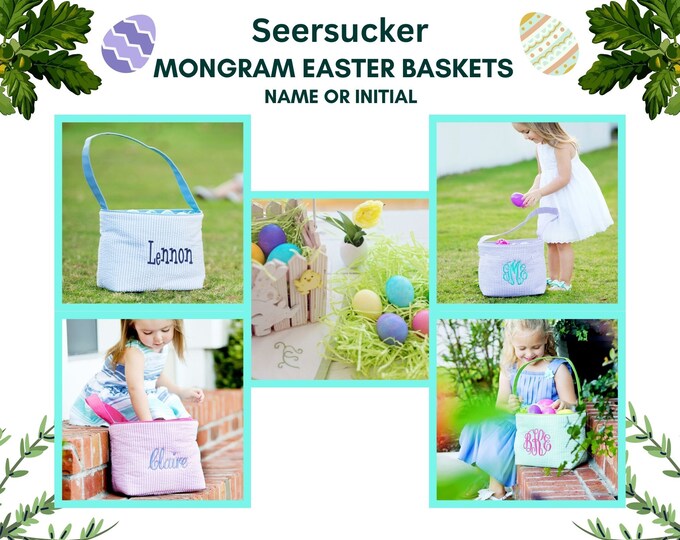 Personalized Seersucker Easter Baskets,Monogrammed Easter Basket, Easter Baskets, Kids Egg Hunt Tote,Girls Easter Basket , Boys EasterBasket