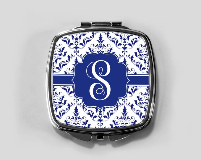 Personalized Compact Mirror, Blue and White Personalized Bridesmaids Gifts, Purse Mirror, Birthday Gifts, Christmas Gifts, Customized Mirror
