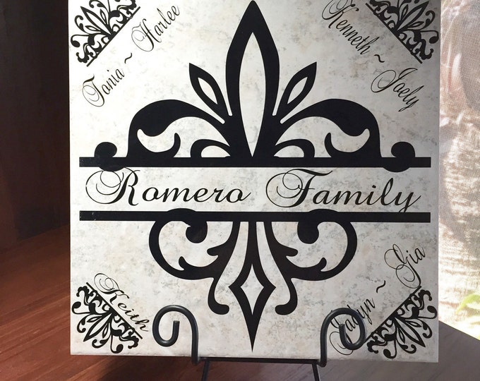 Personalized 12x12  Fluer De Lis Quote Tile ,with Family Name in center and Kids name on the corners great Birthday gift,Mother Day Gift.