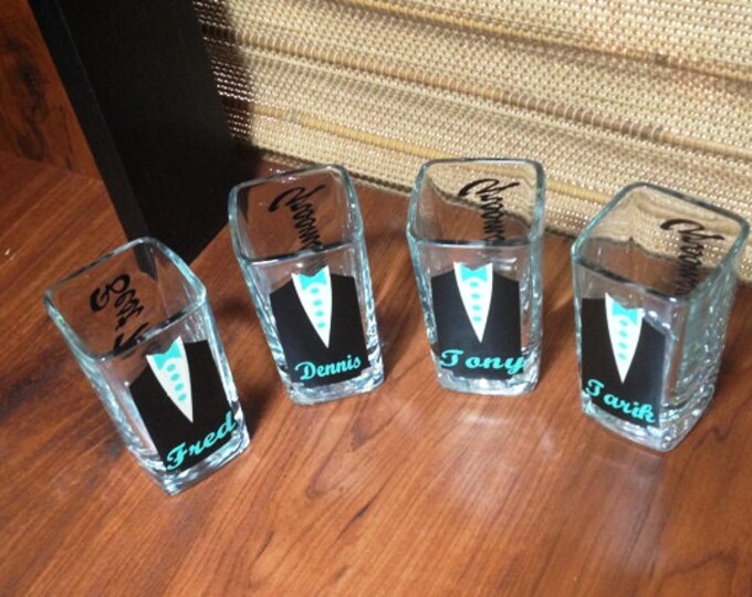2 Personalized Shot Glasses with Tuxes, Groom and Groomsmen Wedding Glasses