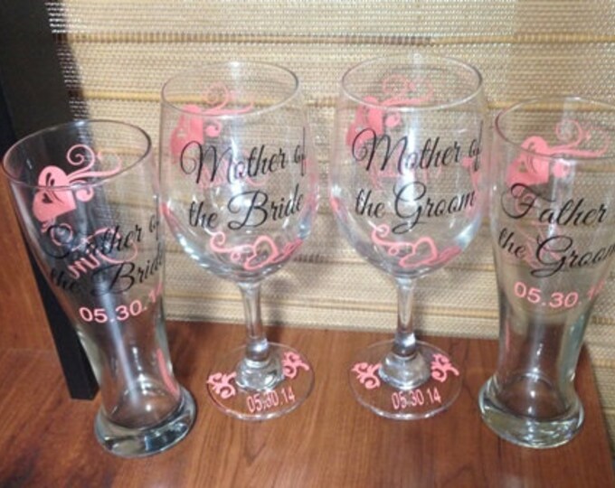 Personalized Mother of the Bride, Father of the Bride, Mother of the Groom, Father of the Groom, Pilsner beer glass, wine glass