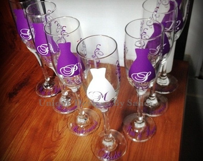 Bridesmaid Champagne Glasses champagne flutes glasses,,initial over the dress and title on the base. Plum purple dress. Set of 8