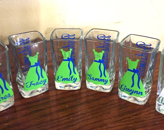 7 Wedding Glasses, Personalized Bridesmaid Shot Glasses, Wedding Party Glasses