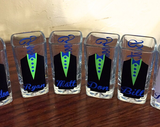 Personalized Shot Glass, with Tuxes  Groom and Groomsmen Wedding Glasses,Wedding Shot Glass