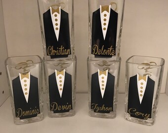 8 Personalized Shot Glasses with Tuxes, Groom and Groomsmen Wedding Glasses Gold  tie