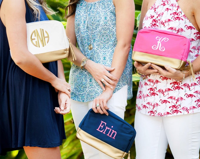 Monogrammed  Cabana Cosmetic Bag, Trimmed in Gold, Personalized Navy Cabana Cosmetic Bag, Makeup Case, Travel Case, Cosmetic Bag,