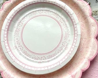 Pale Pink Bridal Shower Plates - Set/8 - Girl Baby Shower Supplies - Girly Style Birthday Party - Vintage Style Tableware