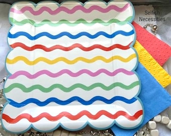 Rainbow Wavy Stripe Plates - Colorful Birthday Party Tableware - Paint Party Decorations Set/8
