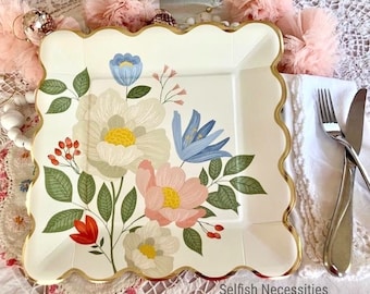 Floral Square Paper Plates - Set/8 - Scalloped Edge and Bold Botanical Flower Design - Love in Bloom Bridal or Baby Shower Party