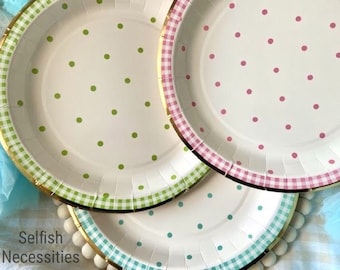 Pastel Luncheon Paper Plates - Bridal Shower Plates - Polka Dot Plates - Whimsical Baby Shower Ideas - Garden Party Table Decor - Set of 12