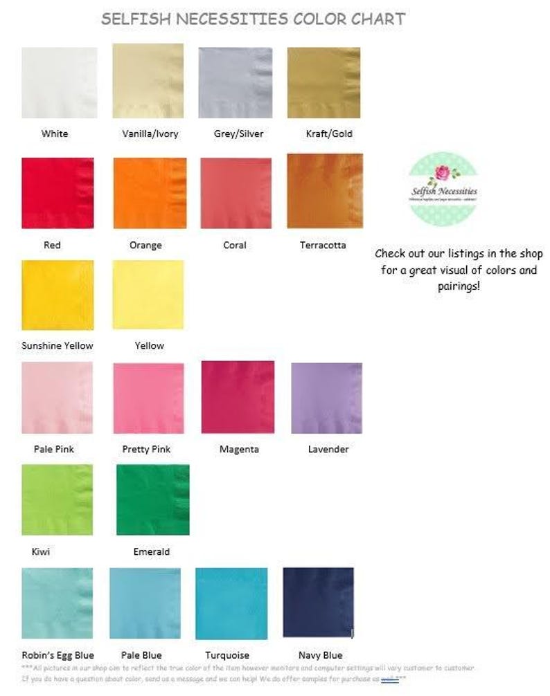 May include: Color chart from Selfish Necessities featuring a variety of colors including white, red, orange, yellow, pink, green, blue, and more. Each color is displayed in a square, with the color name below. The Selfish Necessities logo is in the upper right corner.