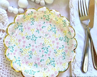 Pastel Floral Dessert Paper Plates - Set/8 - Scalloped Gold Trim - Bridal or Baby Shower Tableware for Tea Party
