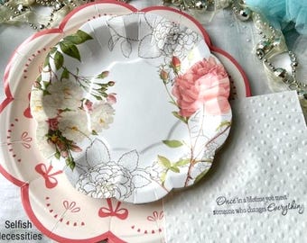 Floral Dessert Plates – Set/12 - Bridal & Baby Shower Garden Tea Party Tableware