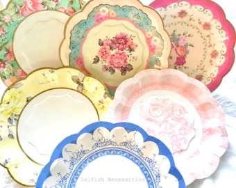 Floral Mix Paper Plates - Vintage Bridal Shower - Whimsical Baby Shower - Wedding Cake Table - Set/12