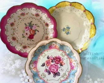 Floral Paper Party Plates - Bridal Shower Scalloped Plates - Bridal Shower Tea Party - Baby in Bloom Shower - Beautiful Dessert Plates