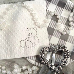 Teddy Bear Party Supplies -  We Can Bearly Wait Baby Shower Napkins - Kid's Birthday Party Decorations - Swiss Dot Embossed Custom Napkin