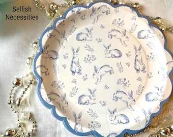 Blue Bunny Pape Dessert Plates 8/set - Toile Party Supplies - Hare Tableware - Bunny Baby Shower Supplies - Rabbit Table Decorations