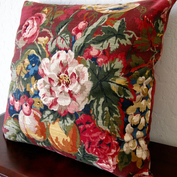 Floral Country Pillow Cover 20x20/. Invisible Zipper/ Red/Tan/ Green/ Blue/ Accent/ Sofa/ Living Room/ Bedroom/ Same Fabric Front and Back