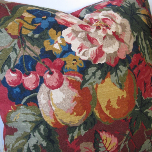 French Country Pillow Cover/ 18x18/ Zipper/ Reds/ Greens/ Tan/ Blue/ Accent/ Sofa/ High End/ Living Room/ Bedroom/ Fruit and Floral
