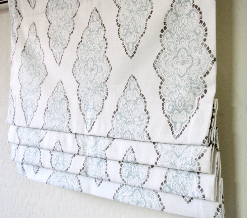 26 to 50 fabric and lining included Custom Order Faux Flat Roman Shade Valance Bedroom Dining room kitchen Bath Blue Grey White