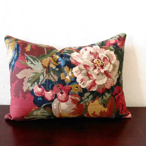 Lumbar Pillow Cover 12x16/ Floral and fruit by Kaufmann/ Invisible Zipper/ Red/ Green/ Tan/ Blue/ Sofa/ Accent/ High End
