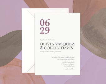Conjunto de invitaciones de boda minimalistas modernas, invitación con fecha destacada, diseño elegante.