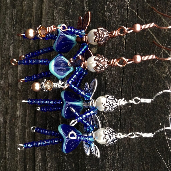 Whimsical BLUE Aqua Angel FAIRY Beaded Pixie Earrings: Genuine Swarovski Pearl, Copper & Silver, Faceted Crystal, Czech Pressed Glass OOAK