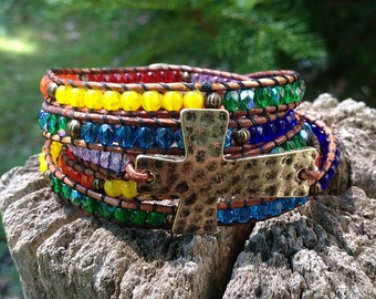 RAINBOW CROSS, Wrap Bracelet, Rainbow Bracelet, Cross Bracelet, Leather Wrap Bracelet, Stackable Bracelet, TwinklingOfAnEye, Adjustable Wrap