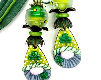 Leprechaun Earrings, IRISH AYES, Gnome Earrings, St Patricks Day Earrings, Whimsical, Fairytale Earrings, TwinklingOfAnEye, Lime Green, OOAK