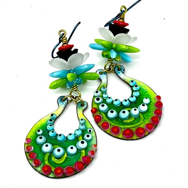 Hoop Earrings, Neon Green Earrings, Lampwork Earrings, EYZE on the PRIZE, Colorful Earrings, Enamel Earrings, TwinklingOfAnEye, Hand Beaded