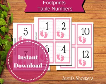 Pink Footprint Table Numbers 1-12 | Baby Shower Centerpieces | Instant Download