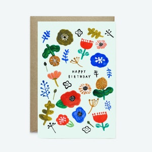 Carte de voeux joyeux anniversaire // Carte d'anniversaire, carte fantaisiste, fleur, printemps, motif, vert, nature, carte de voeux, mignon