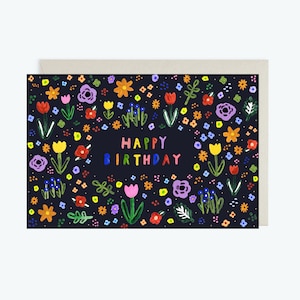 Carte de joyeux anniversaire // Carte d'anniversaire, carte fantaisiste, fleur, motif, mignon,