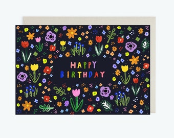 Happy Birthday Card // Birthday card, whimsical card, flower, patttern, cute,