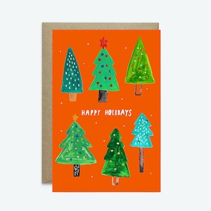 Carte de voeux de joyeuses fêtes de Noël // Carte de Noël, carte fantaisiste, arbres de Noël, motif, vert, nature, carte de voeux, mignon