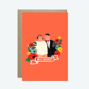 Wedding Best Wishes Greeting Card // Carte de mariage, carte fantaisiste, fleur, couple, amour, rouge, mignon