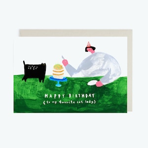 Joyeux anniversaire à ma dame de chat préférée // Carte d'anniversaire, carte fantaisiste, gâteau, chat, dame de chat, drôle, carte de voeux, mignonne
