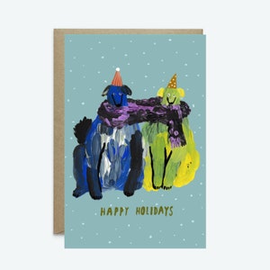 Carte de vœux Noël Joyeuses Fêtes // Carte de Noël, carte fantaisiste, chiens, chiots, vert, nature, carte de vœux, mignon