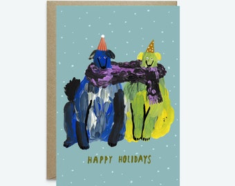 Christmas Happy Holidays Greeting Card // Christmas card, whimsical card, dogs, puppies, green, nature, greeting card, cute