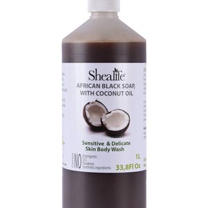 Organic African Black Soap Liquid, 1 Ltr, with Coconut Oil, Shea Butter, Cocoa Pod Ash, Coconut Oil. Contains No SLS, Detergents & Parabens.