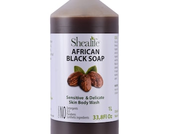 Organic African Black Soap Liquid, 1 Ltr, Unscented with Shea Butter, Cocoa Pod Ash, Coconut Oil. Contains No SLS, Detergents & Parabens.