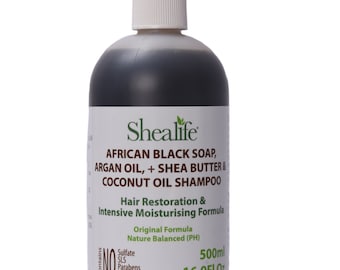 Savon noir africain, huile d'argan + beurre de karité et huile de noix de coco Shampooing Restauration des cheveux et formule hydratante intensive, 500 ml