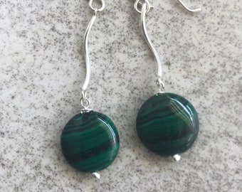 Malachite Earrings Dangle Long,  Green Stone Earrings Sterling Silver,  Beaded Bohemian Gemstone Jewelry