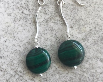 Malachite Earrings Dangle Long,  Green Stone Earrings Sterling Silver,  Beaded Bohemian Gemstone Jewelry, Gift for Daughter, BFF
