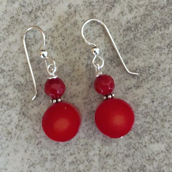 Red Coral Earrings Lever back or French Hook, Genuine Coral earrings Sterling Silver,  Red Coral Jewelry, Anniversary Gift for wife