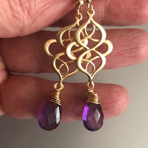 Amethyst Earrings Gold, Purple Drop Earrings Long, February birthstone, Minimalist Earrings, Handmade Gemstone Bohemian Jewelry, Birthday