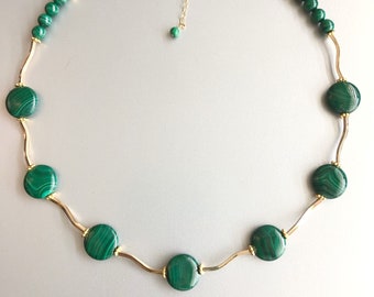 Natural Malachite Coin Necklace Gold, Green Stone Necklace Adjustable, Anniversary Gift for Wife, Beaded Bohemian Jewelry, Handmade Jewelry