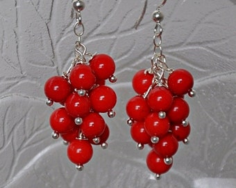 Natural Red Coral  Earrings Dangle,  Cluster Earrings Sterling Silver, Bohemian Coral Jewelry, Nature Inspired, Anniversary Gift for wife.