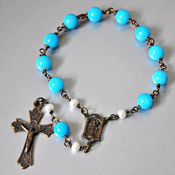 Pocket Rosary Catholic,  Blue Stone Rosary,   Single Decade Rosary,  Confirmation Gift