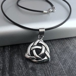 Celtic Knot Necklace, Stainless Steel Large Trinity Irish Knot Pendant on Black Leather Cord, Unisex, Gift for Man,  Husband Necklace
